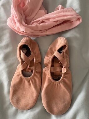 Evolution split sole canvas ballet slippers  in pink & footless stockings 9 A